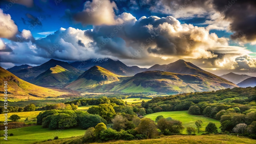 Obraz premium Killarney National Park: Majestic Magnetron Mountain Range Panorama, Cloudy Summits