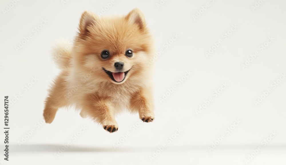 Playful Pomeranian Dog Jumping with Joy in a Light Studio Setting Playful Pomeranian Dog Jumping with Joy in a Light Studio Setting