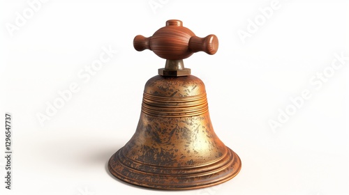 A traditional school bell with a wooden handle, placed upright on a white background.