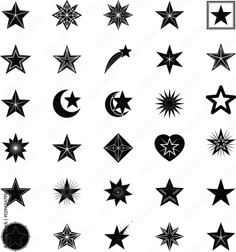 Obraz premium Diverse Collection of Black Star Icons and Celestial Symbols