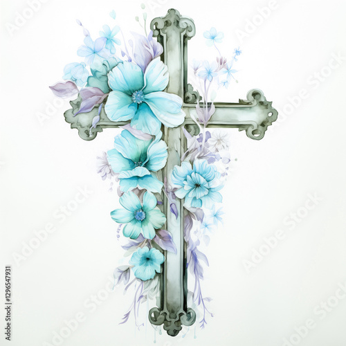 Watercolor cross with flowers isolated on a white background. Floral easter cross illustration. Gray vintage christian symbol with beautiful pink flowers for First Communion, Baptism, and more.