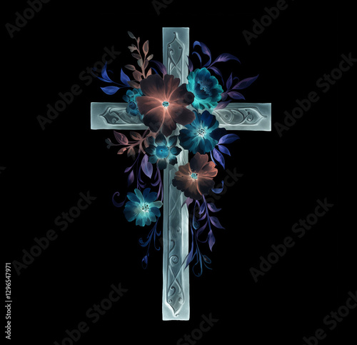 Cross with watercolor flowers on a black background. Religious floral illustration for Easter.Christian, Baptism, and First Communion Designs. Wooden cross art.