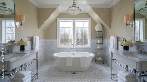Luxe bathroom with dual sinks, marble tiles, and a freestanding tub. photo