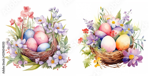 Set of 2 Easter baskets with colorful eggs and flowers isolated on a white background. Watercolor illustration for greeting cards for the Easter holiday and more. Cute baskets decorated with flowers.