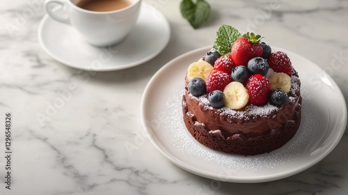 High-resolution photography of a luxurious Gâteau Fondant au Chocolat topped with fresh fruit and served with a cup of espresso on a marble countertop photo