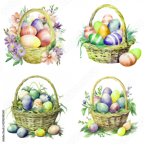 Set of 2 Easter baskets with eggs and beautiful flowers isolated on a white background. Colorful watercolor illustration for greeting cards for the Easter holiday and more. 