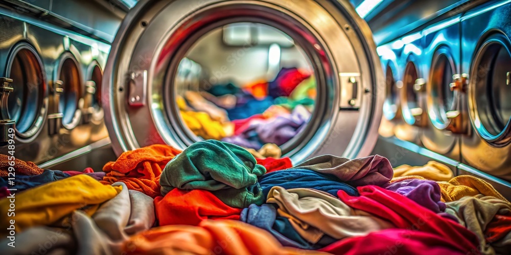 Naklejka premium Laundry Day: Soft Focus on Clothes in Dryer with Blurred Doorway - Stock Photo