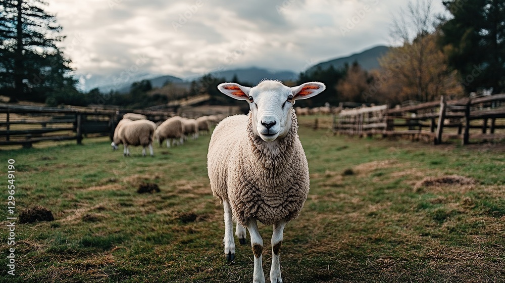 A curious sheep stands in a picturesque rural landscape, embodying the simplicity and peacefulness of farm life, showcasing the beauty of nature and wildlife. A curious sheep stands in a picturesque rural landscape, embodying the simplicity and peacefulness of farm life, showcasing the beauty of nature and wildlife.