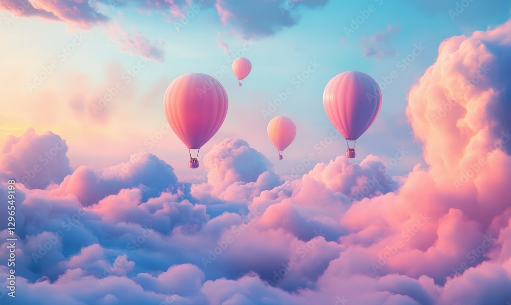 Vibrant balloons in shades of pink and blue floating gently above a soft cloudscape, pastel tones enhancing the dreamy feel, Vibrant balloons in shades of pink and blue floating gently above a soft cloudscape, pastel tones enhancing the dreamy feel,