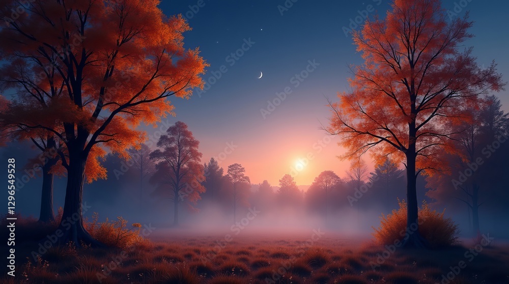 Serene autumn nightfall scene with mist, trees, and a glowing moon. Perfect for nature, landscape, and autumn-themed projects. Serene autumn nightfall scene with mist, trees, and a glowing moon. Perfect for nature, landscape, and autumn-themed projects.
