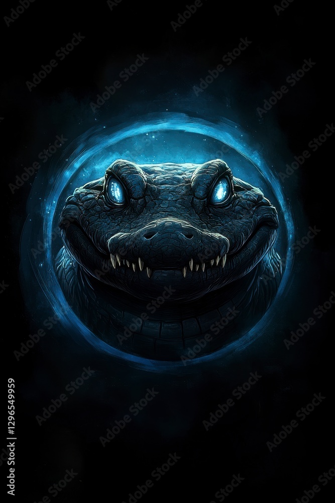 Naklejka premium Mystical Blue Creature with Glowing Eyes in Dark Background