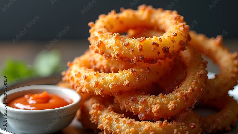 A stack of crispy onion rings with a side of zesty dipping sauce. A stack of crispy onion rings with a side of zesty dipping sauce.