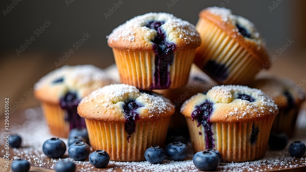 A stack of homemade blueberry muffins with sugar dusted tops fresh blueberries bursting inside. A stack of homemade blueberry muffins with sugar dusted tops fresh blueberries bursting inside.
