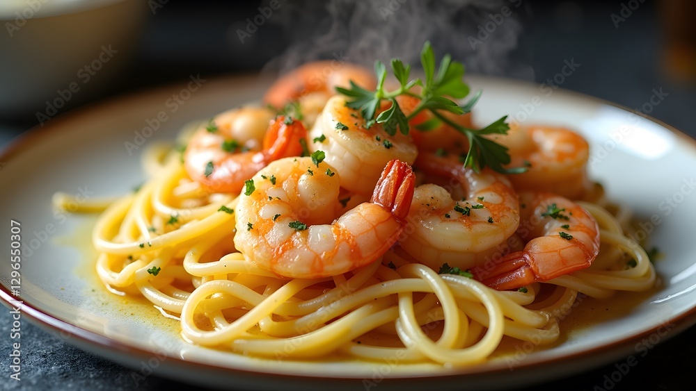 A steaming plate of shrimp scampi with garlic butter sauce and linguine pasta.