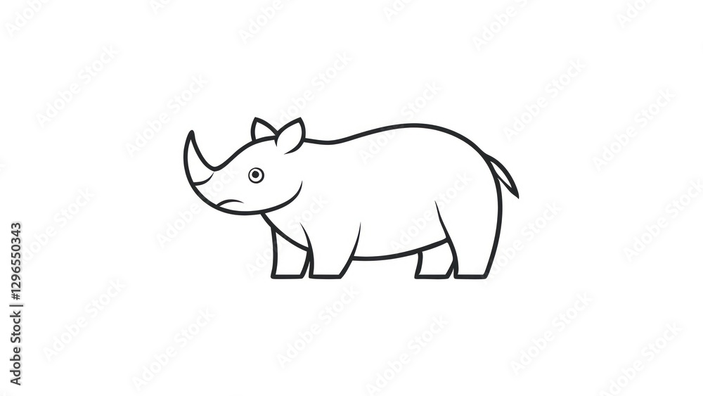 Fototapeta premium a simple line drawing of a rhinoceros in black and white. The rhinoceros is a large mammal with a horn and thick skin