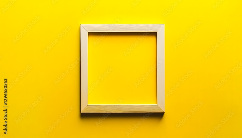 Simple wooden frame centered against a bright vibrant yellow background Simple wooden frame centered against a bright vibrant yellow background