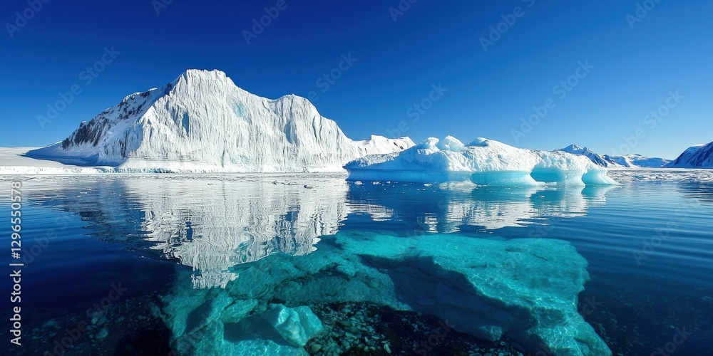 Obraz premium Crystal-clear glacial lake reflecting a massive iceberg, shades of deep blue and turquoise blending into the pristine icy water