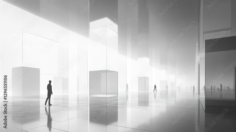 Fototapeta premium Abstract modern architecture interior with people, minimalist style, possible use commercial presentation