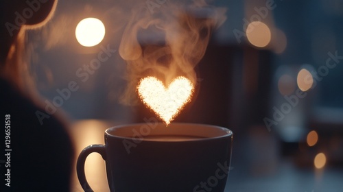 Warm cup of tea with heart-shaped steam inviting cozy moments during a quiet evening indoors