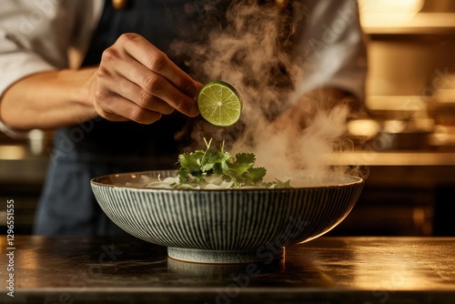 A chef adding a lime slice to a steaming bowl of pho soup, garnished with cilantro, creating a flavorful culinary experience in a restaurant setting.