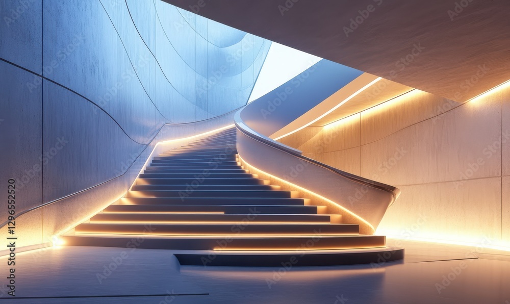 Obraz premium Elegant staircase glowing with sleek modern lighting, showcasing minimalist architecture and clean lines for a luxurious interior design