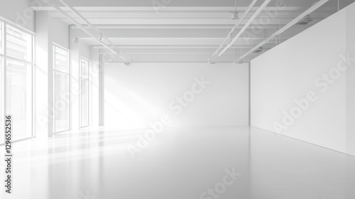 Empty modern white industrial loft space with large windows