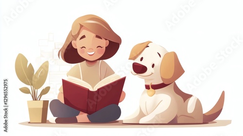 Reading a book while sitting on the floor with a dog and a plant in a cozy indoor space