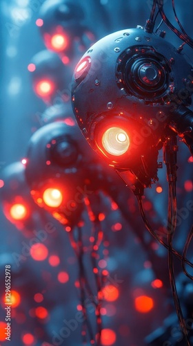 A group of AIpowered robots performing a task together, visualized as glowing neural networks, AI, Digital Art, Futuristic and sleek
