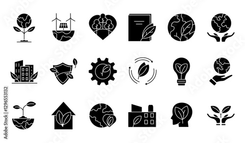 A set of black solid eco icons representing sustainability, renewable energy, green technology, and nature conservation. Includes symbols like plants, Earth, wind turbines, and recycling