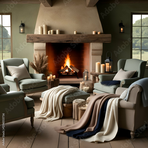 A warm and inviting living room with a stone fireplace, featuring comfortable armchairs and throws.