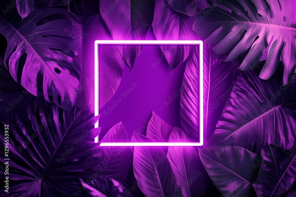 **Abstract minimalist photography, a neon square frame on a tropical leaves background, with a purple color scheme, cinematic lighting, dark shadows, and high contrast **Abstract minimalist photography, a neon square frame on a tropical leaves background, with a purple color scheme, cinematic lighting, dark shadows, and high contrast