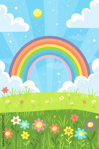 A colorful rainbow arches over a green meadow filled with vibrant flowers under a bright blue sky. Concept of happiness, positivity, and natural beauty.