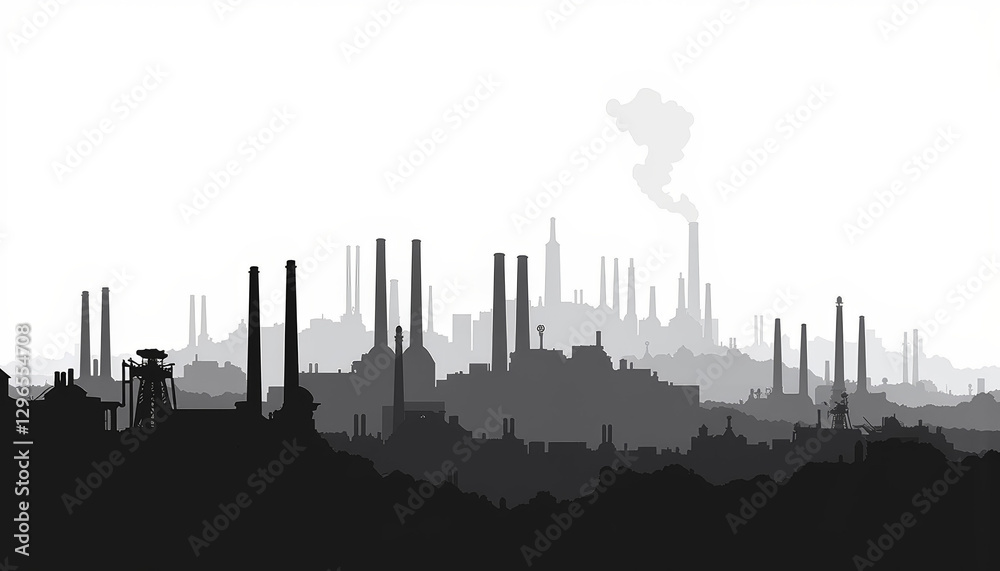 Obraz premium Gritty industrial city silhouette with smokestacks, urban environment