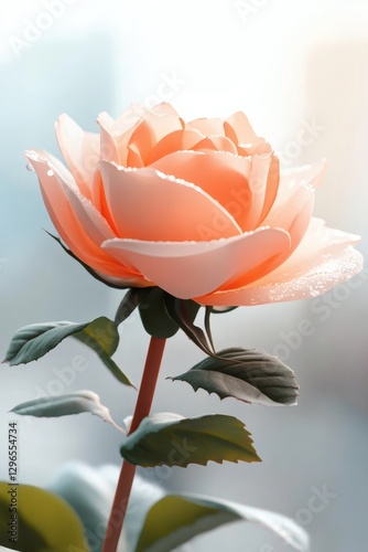 Beautiful rose blooms against a soft background with dewdrops glistening in the morning sunlight