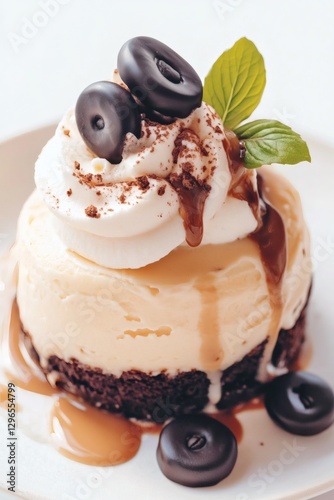 Decadent dessert with whipped cream, chocolate, and caramel served on a plate in a bright setting