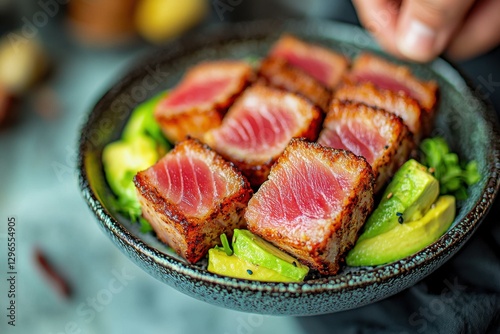A delicious seared tuna steak served on a dark plate with fresh avocado slices and microgreens, creating a visually appealing and healthy meal.