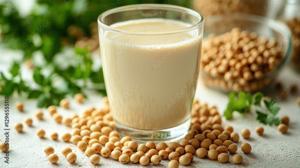 Soy milk in glass, beside soybeans, on white surface, herbs in background Soy milk in glass, beside soybeans, on white surface, herbs in background