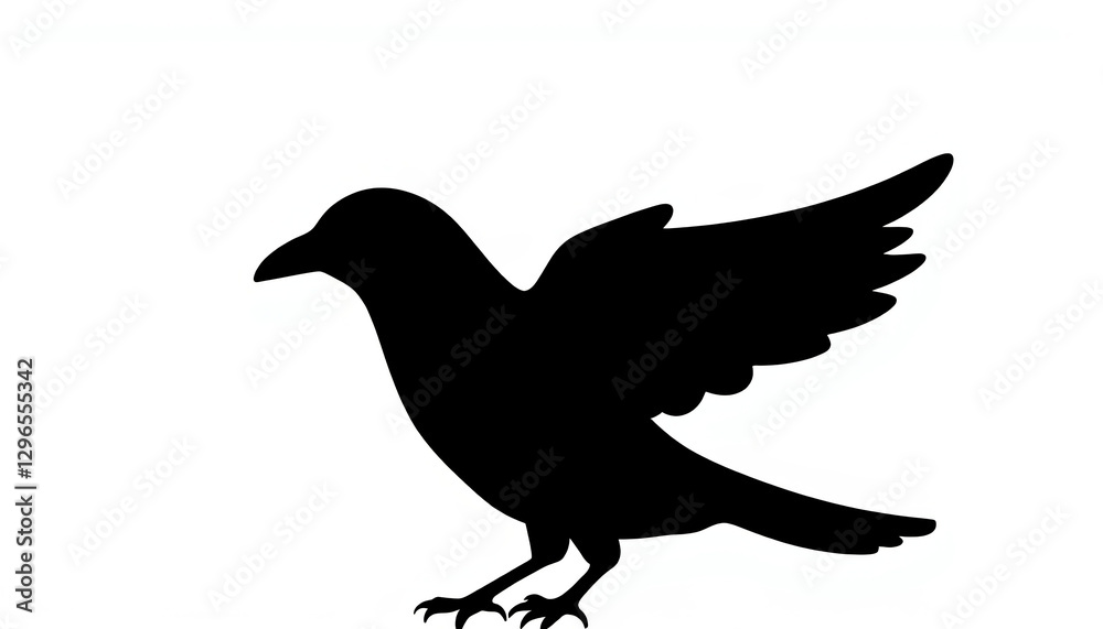 Fototapeta premium Black bird silhouette with open wings on white background, contrast