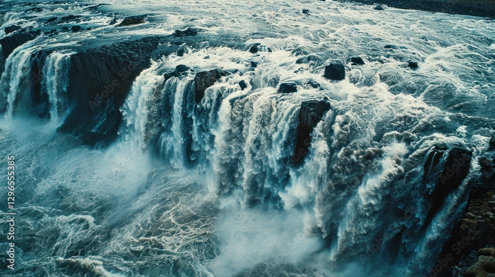 Fototapeta premium Powerful large river waterfall with lots of water flow landscape. AI generated image