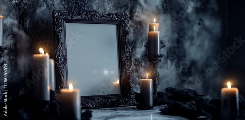 A framed obituary photo stands on the table, surrounded by flickering candles. The solemn glow reflects mourning, remembrance, and a quiet farewell to the departed.