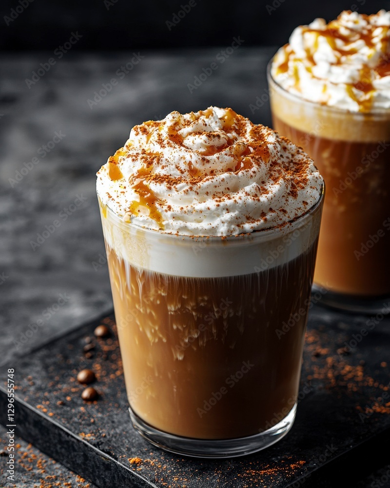 Creamy Caramel Coffee Beverage with Whipped Topping and Drizzle Creamy Caramel Coffee Beverage with Whipped Topping and Drizzle