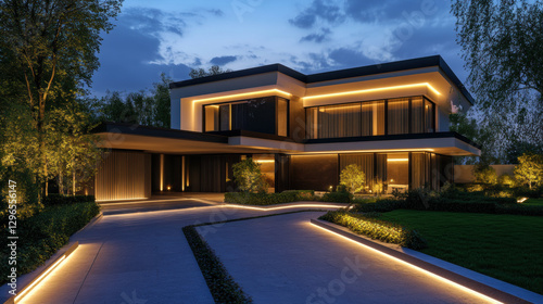 Modern house exterior with glowing lights photo