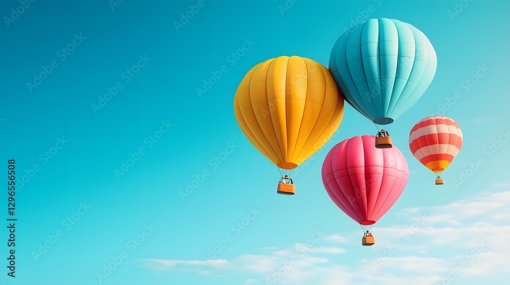 Fototapeta premium Whimsical hot air balloons of vibrant colors gracefully drifting in a soft azure blue sky evoking a sense of adventure freedom and tranquility
