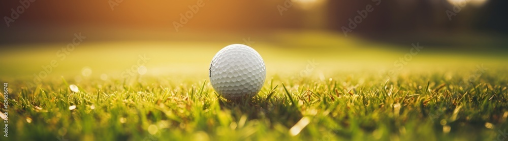 Closeup a white golf ball on green golf course with sunlight. AI generated image Closeup a white golf ball on green golf course with sunlight. AI generated image