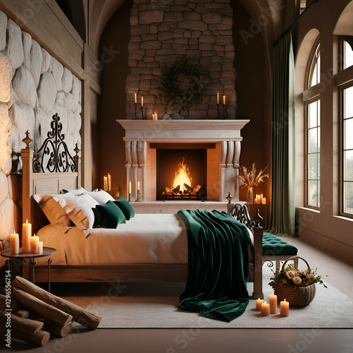A digitally rendered, romantic bedroom boasts a stone fireplace with a crackling fire, rich emerald green velvet bedding, and antique-style furnishings.