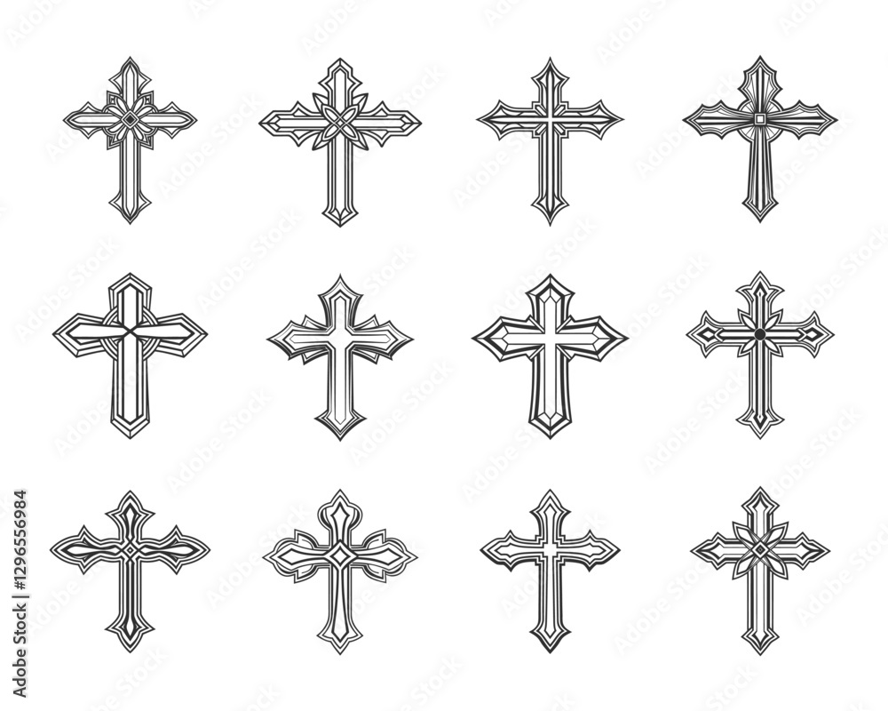 Set of Christian crosses. Decorative crucifix religion symbol. Orthodox faith church icon design. Illustration. Set of Christian crosses. Decorative crucifix religion symbol. Orthodox faith church icon design. Illustration.