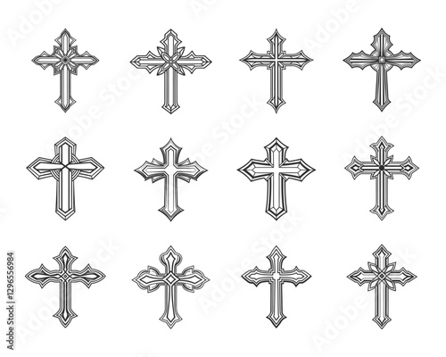 Set of Christian crosses. Decorative crucifix religion symbol. Orthodox faith church icon design. Illustration.