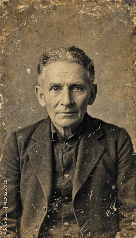 Obraz premium Vintage black and white photo of a man in a suit, with a concentrated expression on his face. Sepia, aging effect, scuffs. The atmosphere of the past, retro style, historical surroundings.