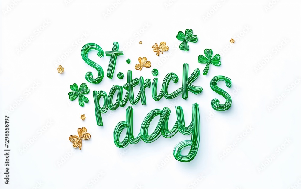 Fototapeta premium Festive St. Patrick's Day typography design featuring whimsical script font with mint green text and golden shamrock confetti. Perfect for invitations, banners, and social media posts.