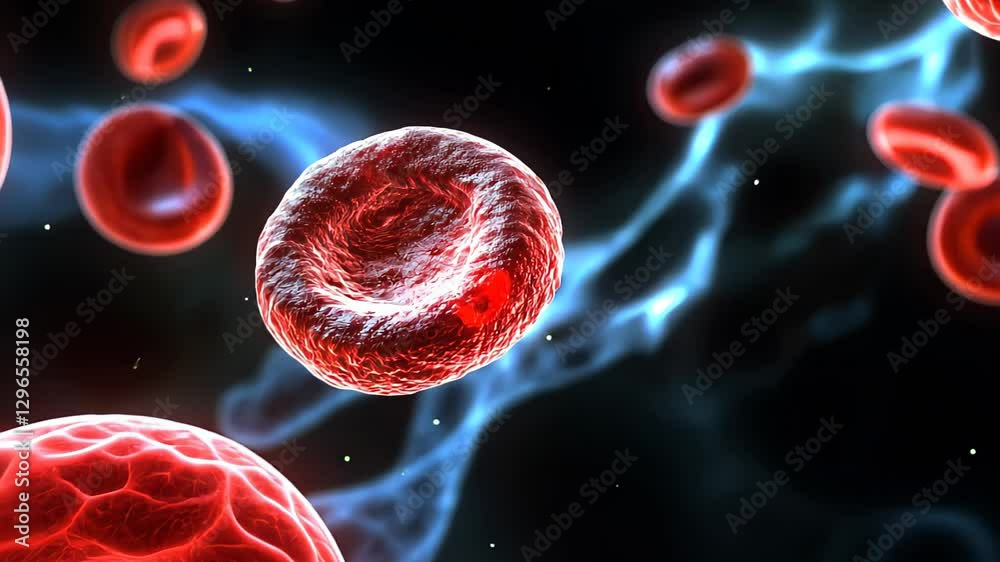 A highly detailed microscopic digital rendering of red blood cells in motion, floating through the bloodstream with a glowing biological effect